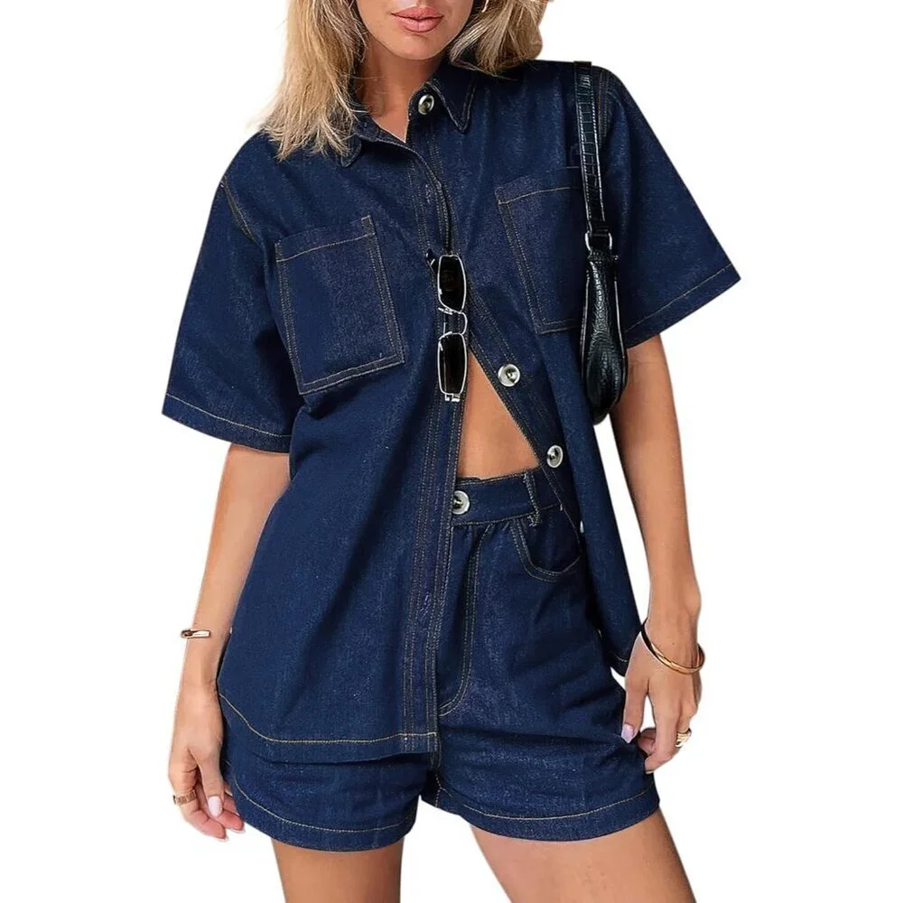 Women's Denim Set Cotton Large Casual Short Sleeve Top & Shorts Lounge